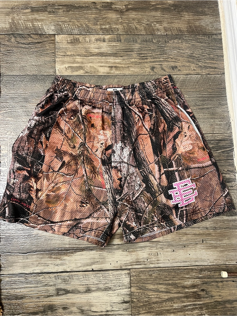 Eric Emanuel Men's Brown camp Mesh Shorts pink logo 6 inch witDrawstring Pockets